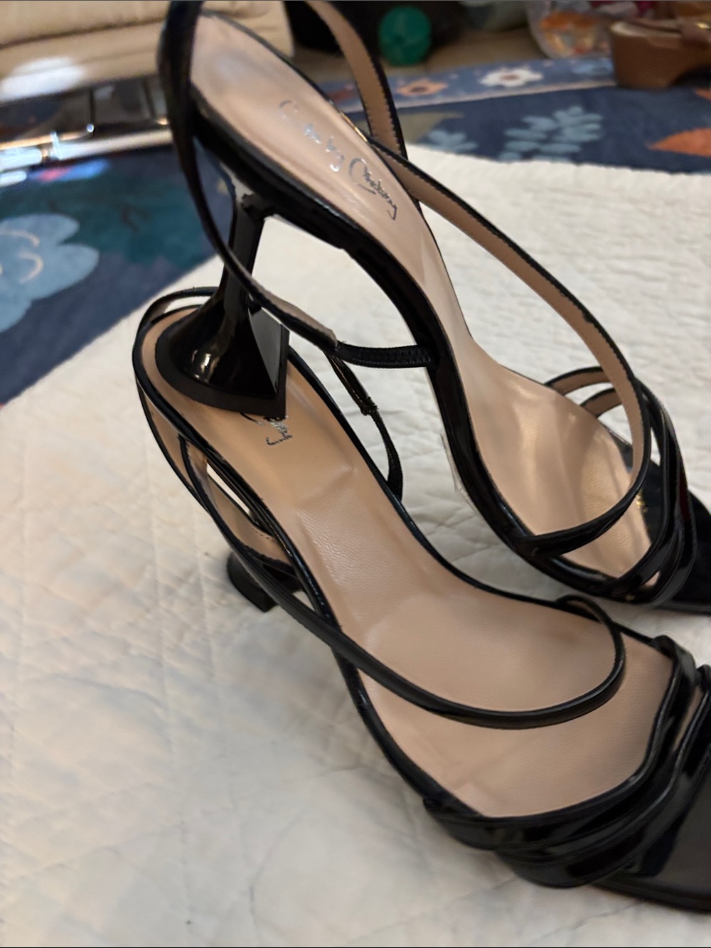 Che by Chelsey. Black Patent Strappy Slingback Sandals with fun 4” heel.